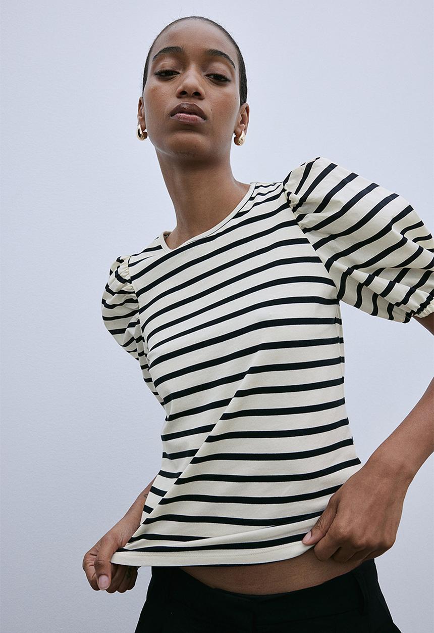 H&M - Puff-sleeved top - light beige striped