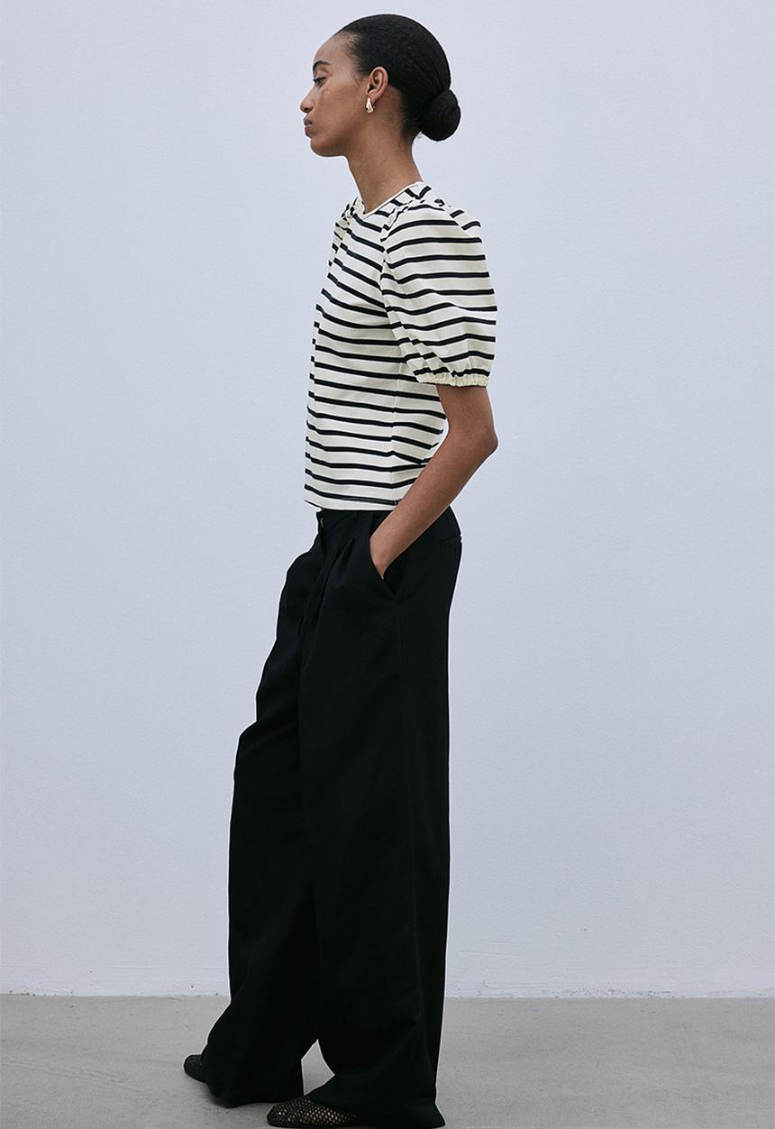 H&M - Puff-sleeved top - light beige striped