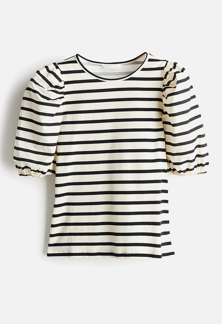 H&M - Puff-sleeved top - light beige striped