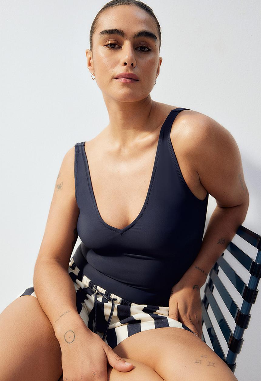 H&M - V-neck swimsuit - navy blue