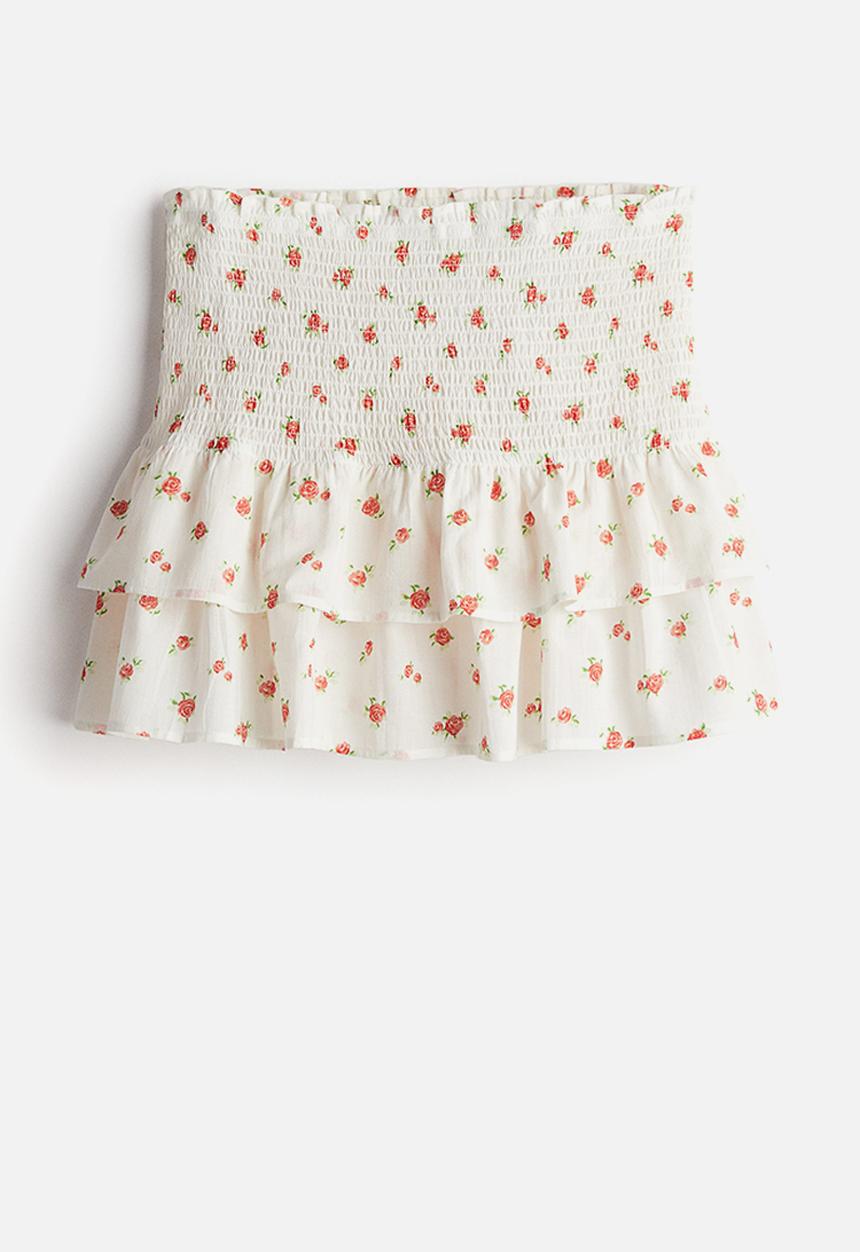 H&M - Smocked-waist tiered skirt - cream roses