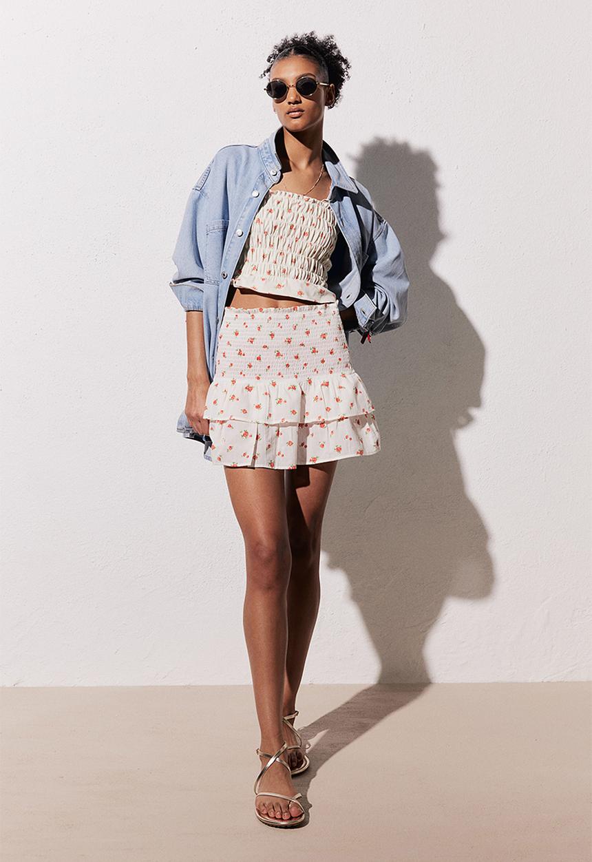 H&M - Smocked-waist tiered skirt - cream roses