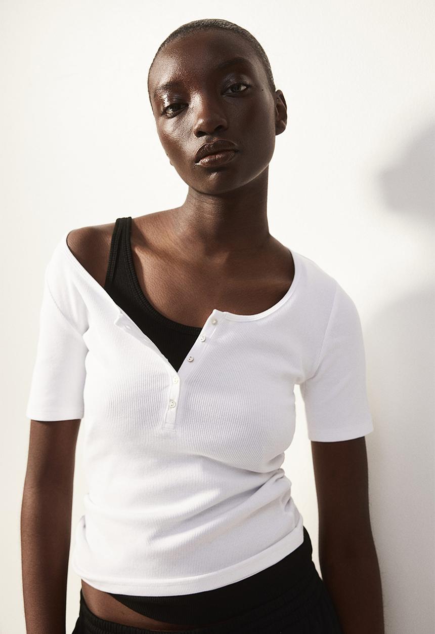 H&M - Ribbed henley top - white