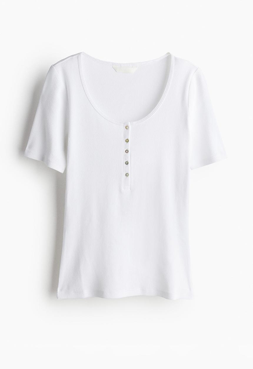 H&M - Ribbed henley top - white