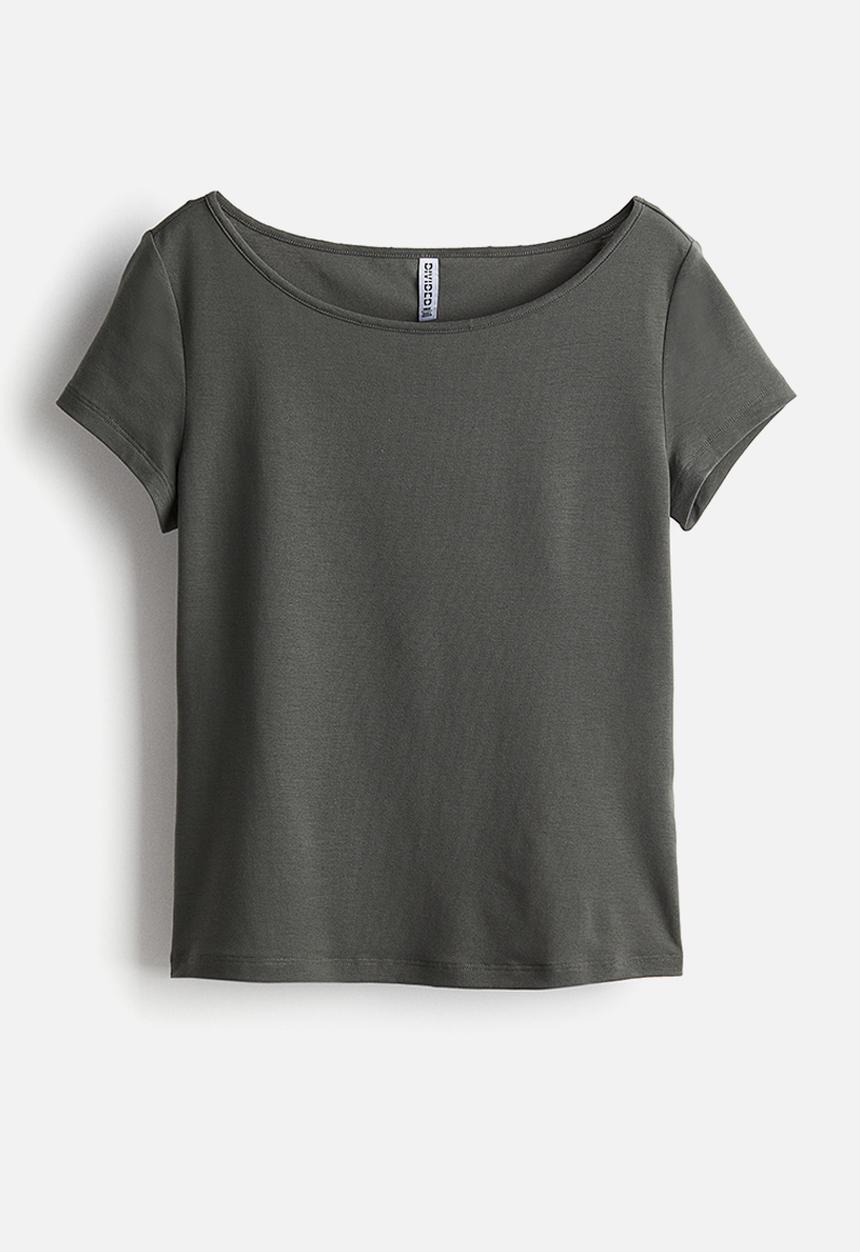 H&M - Sheer boat-neck t-shirt - dark khaki green