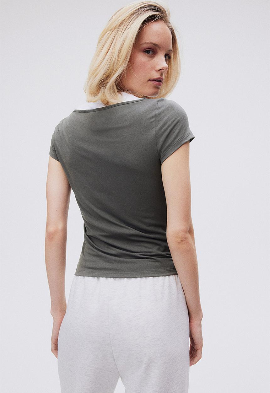 H&M - Sheer boat-neck t-shirt - dark khaki green