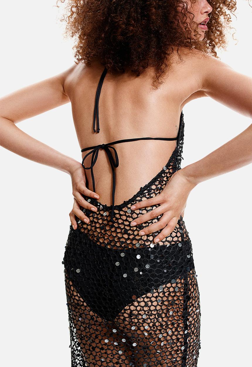 H&M - Sequined fishnet halterneck dress - black