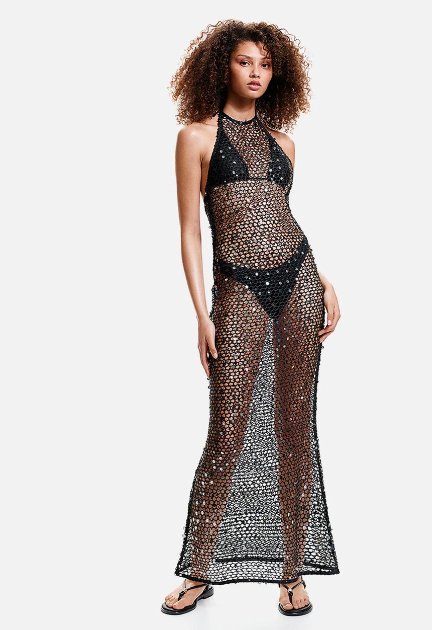 H&M - Sequined fishnet halterneck dress - black