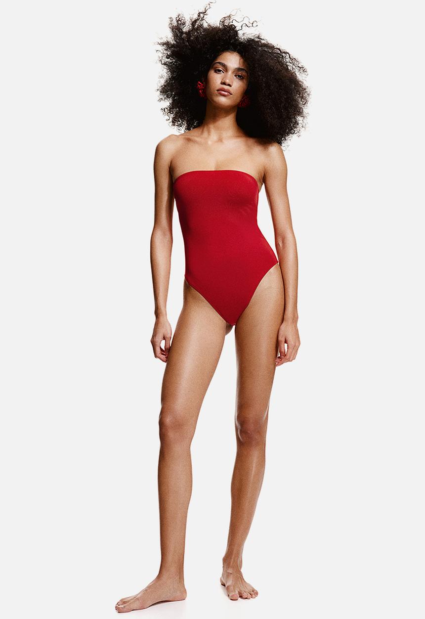 H&M - Padded-cup high-leg bandeau swimsuit - red
