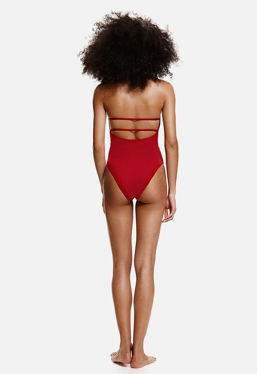 H&M - Padded-cup high-leg bandeau swimsuit - red
