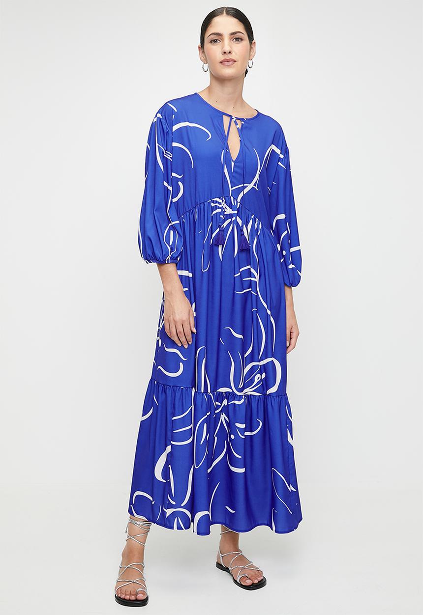 edit - Printed tiered midi dress - ink sketched floral stripe dbl border