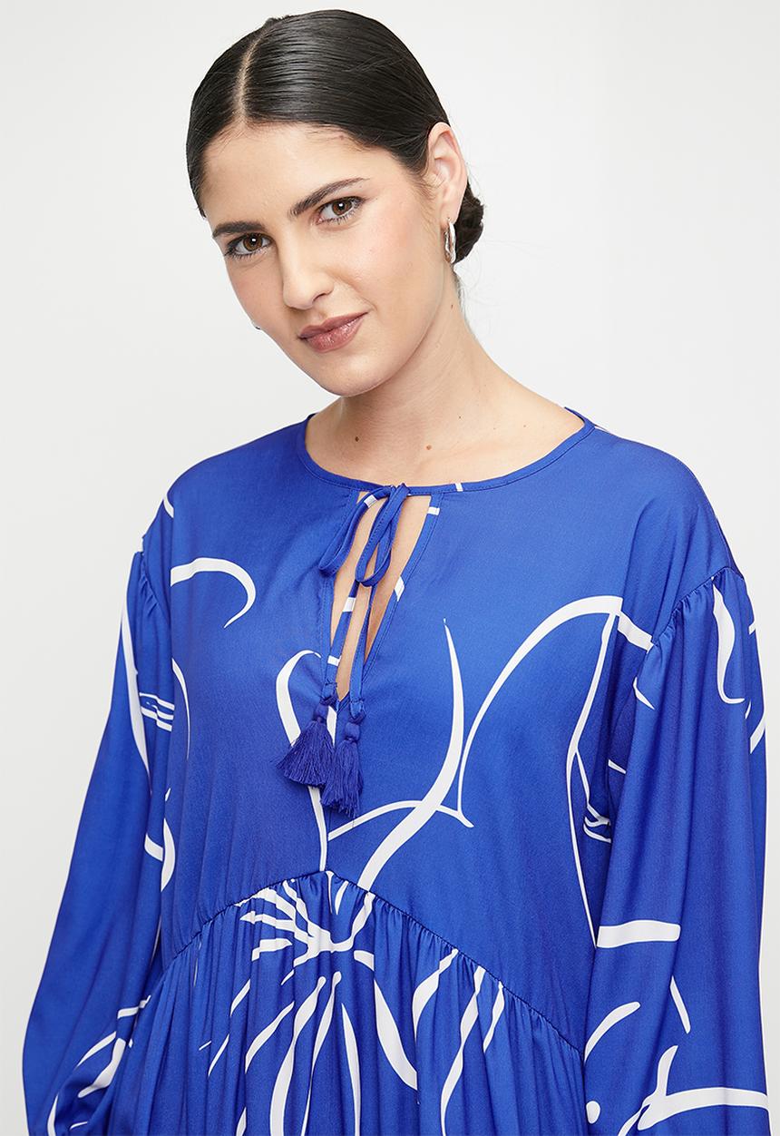 edit - Printed tiered midi dress - ink sketched floral stripe dbl border