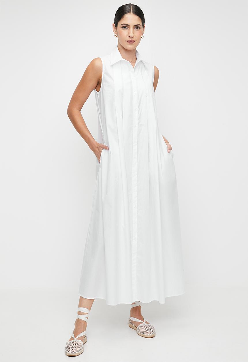 edit - Button Thru Tuck Detail Shirt Dress - White