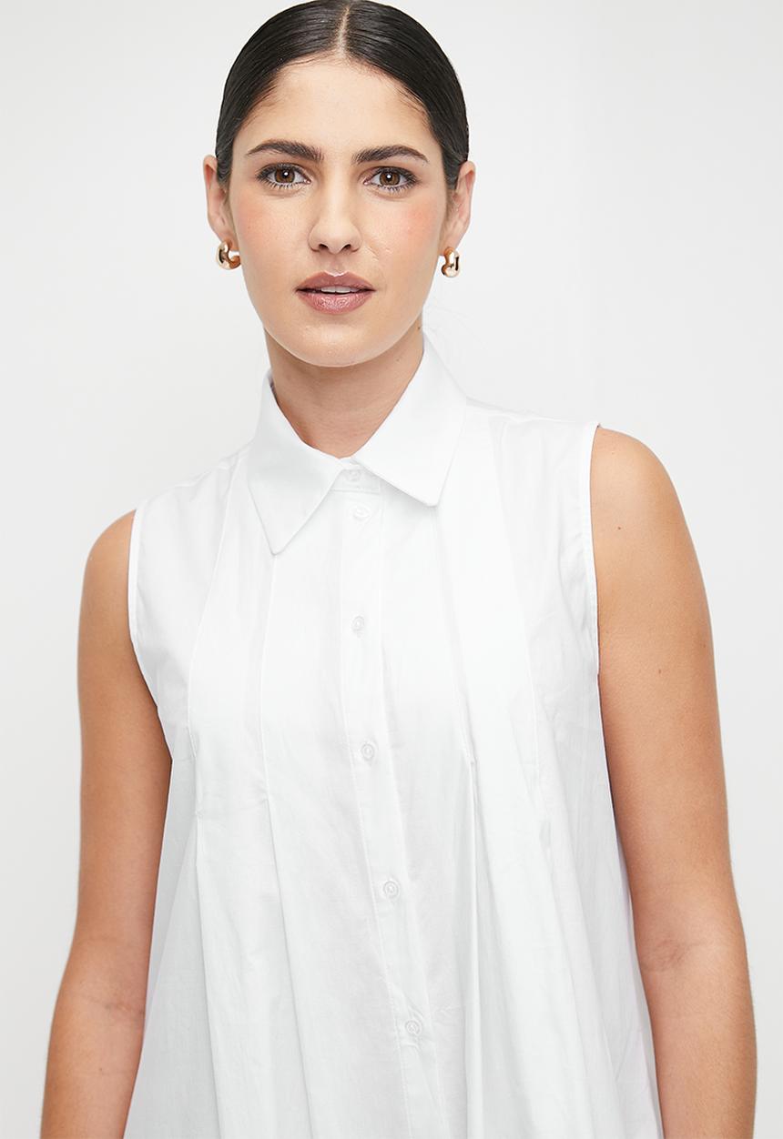 edit - Button Thru Tuck Detail Shirt Dress - White