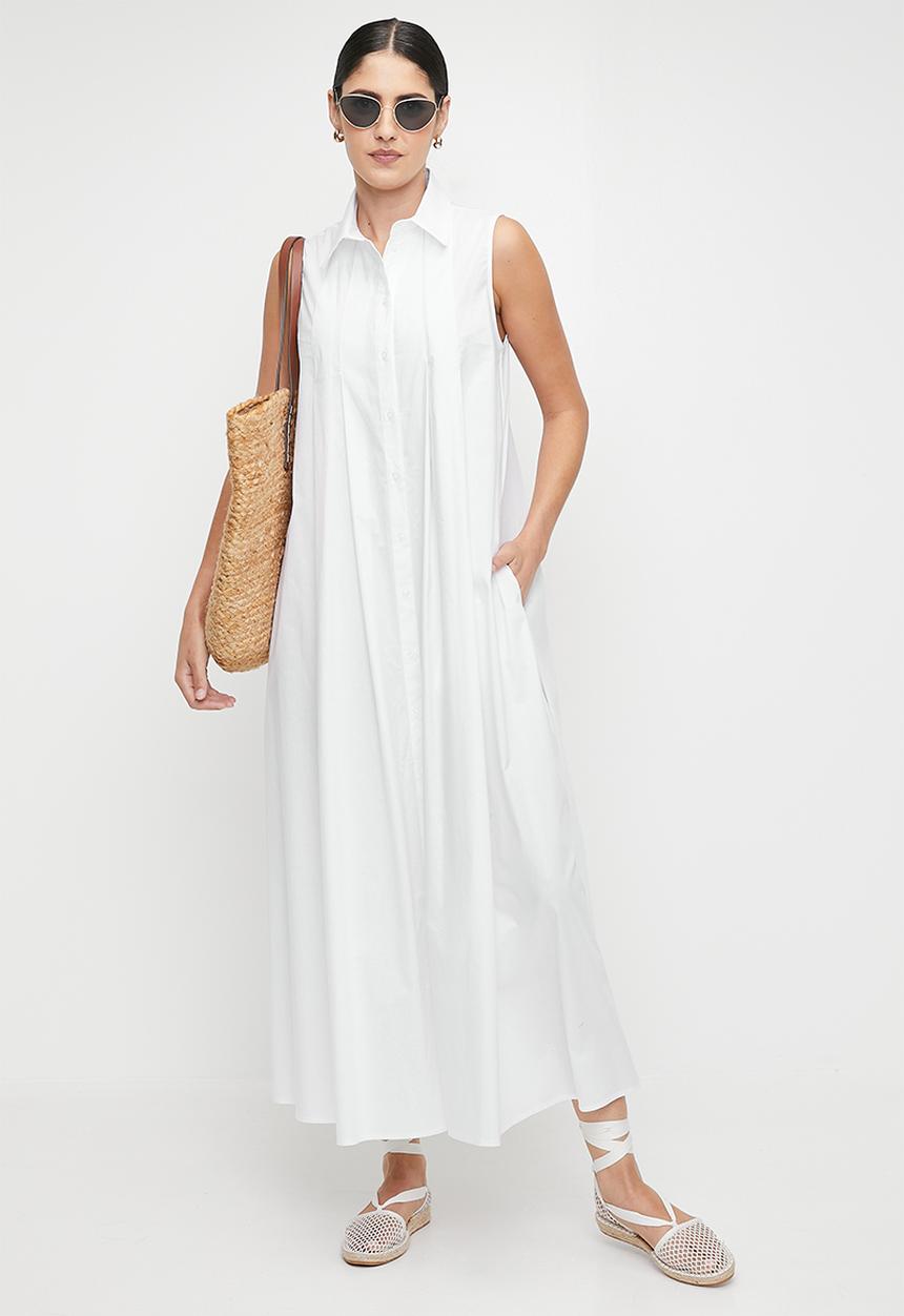 edit - Button Thru Tuck Detail Shirt Dress - White