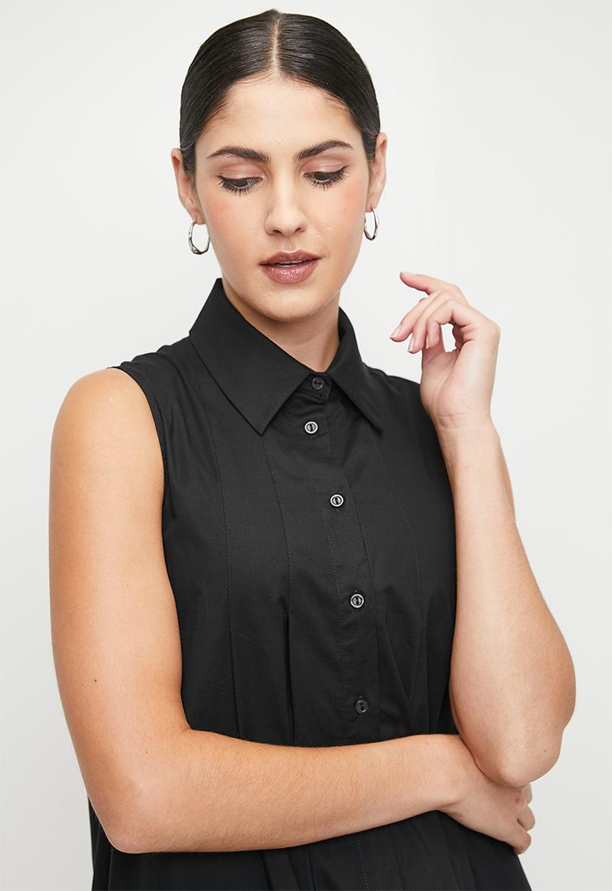 edit - Button Thru Tuck Detail Shirt Dress - Black