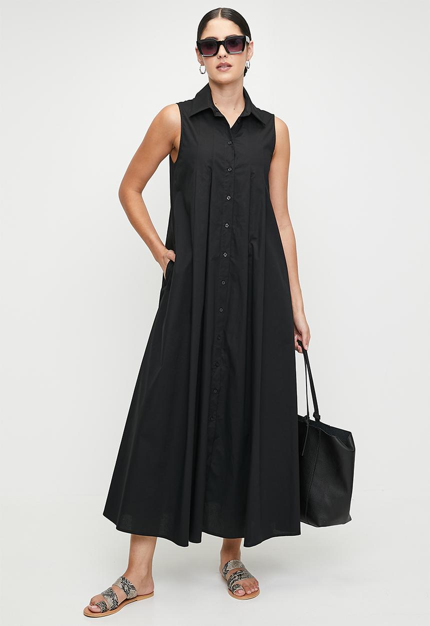 edit - Button Thru Tuck Detail Shirt Dress - Black
