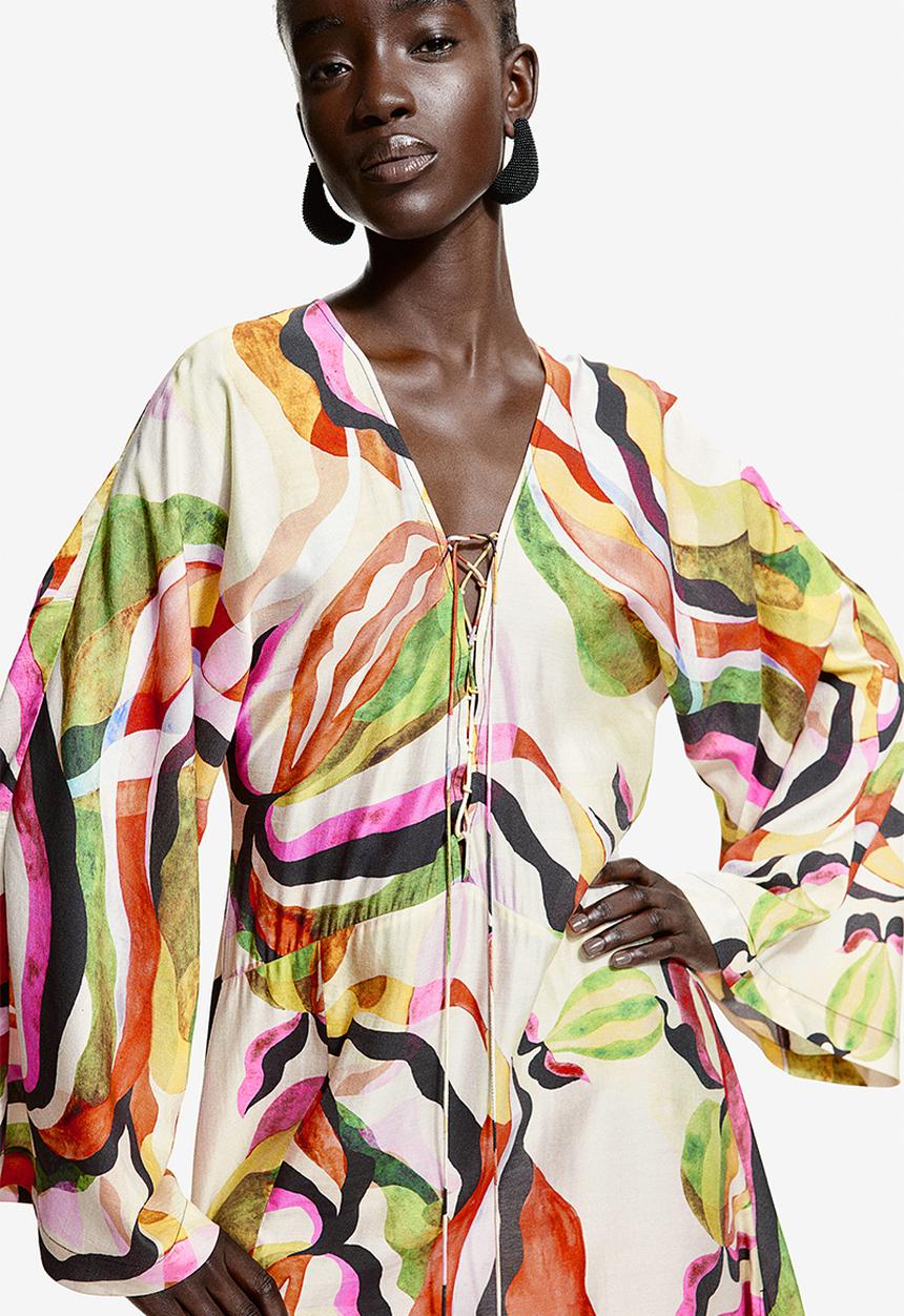 Lace-up kaftan dress - multi - 1237873001