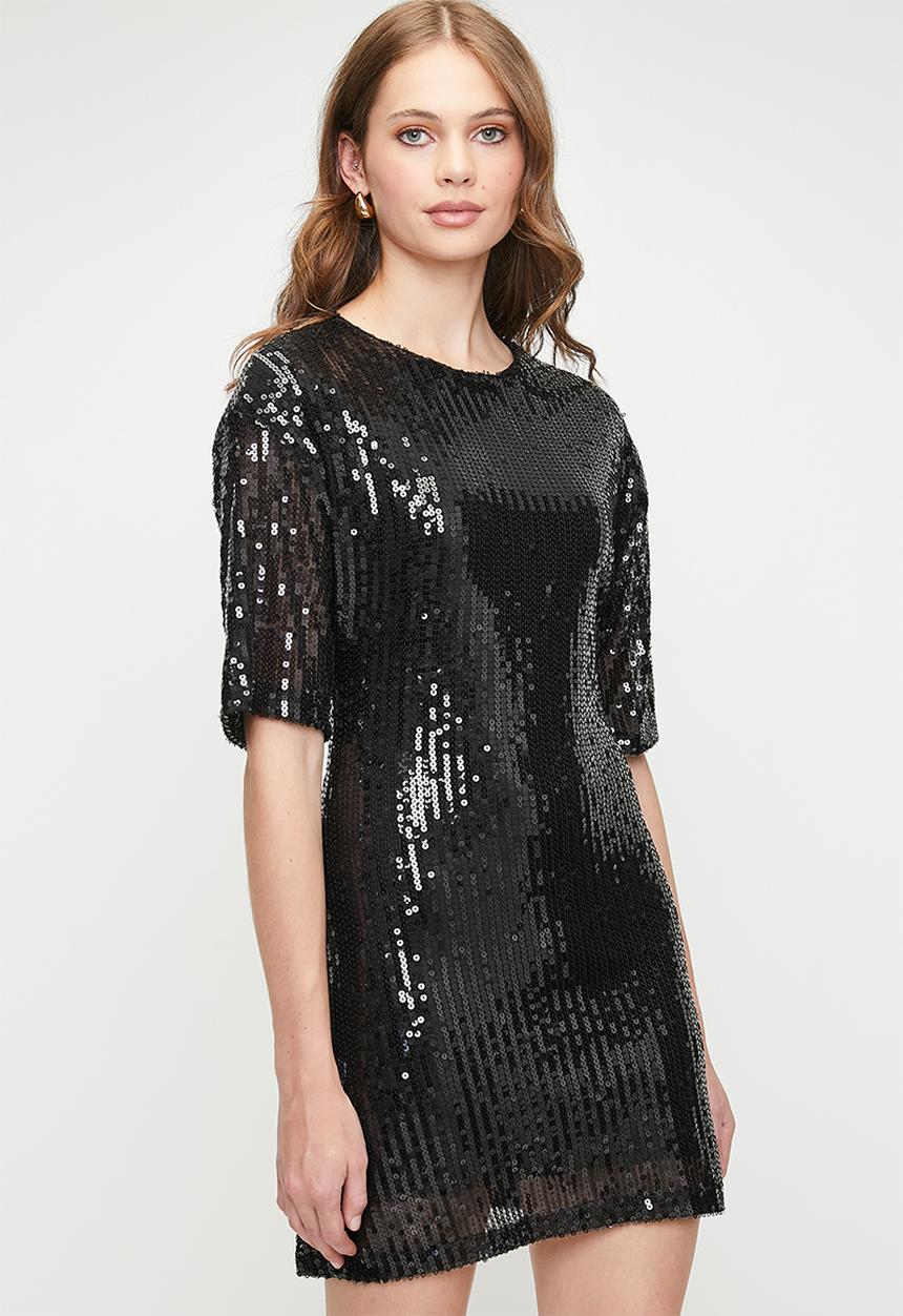 MILLA - Mini Sequin T-shirt Dress - Black