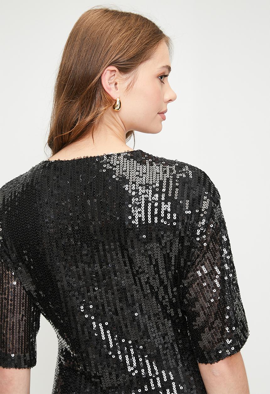 MILLA - Mini Sequin T-shirt Dress - Black