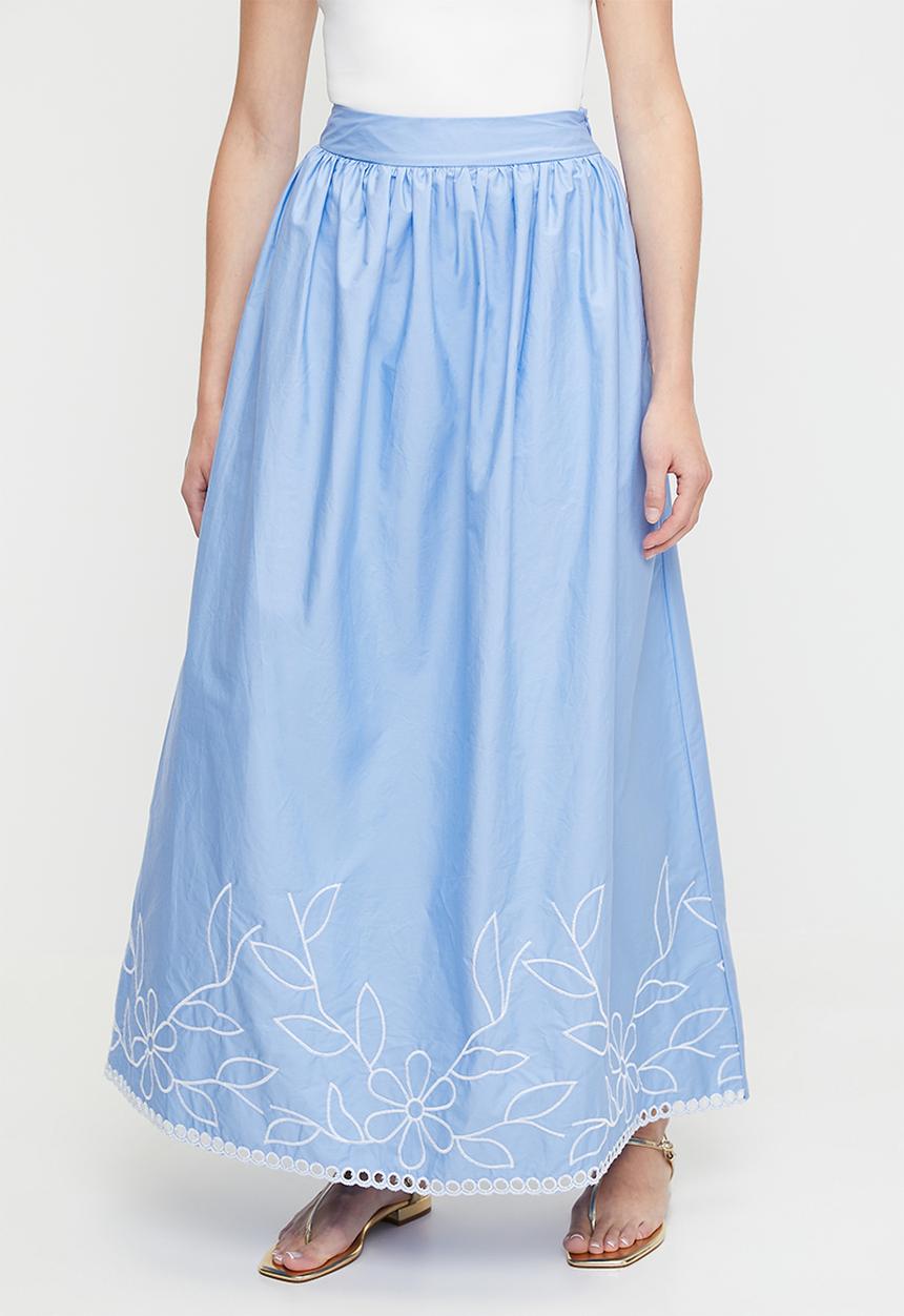 MILLA - Poplin skirt with embroidered hem - blue