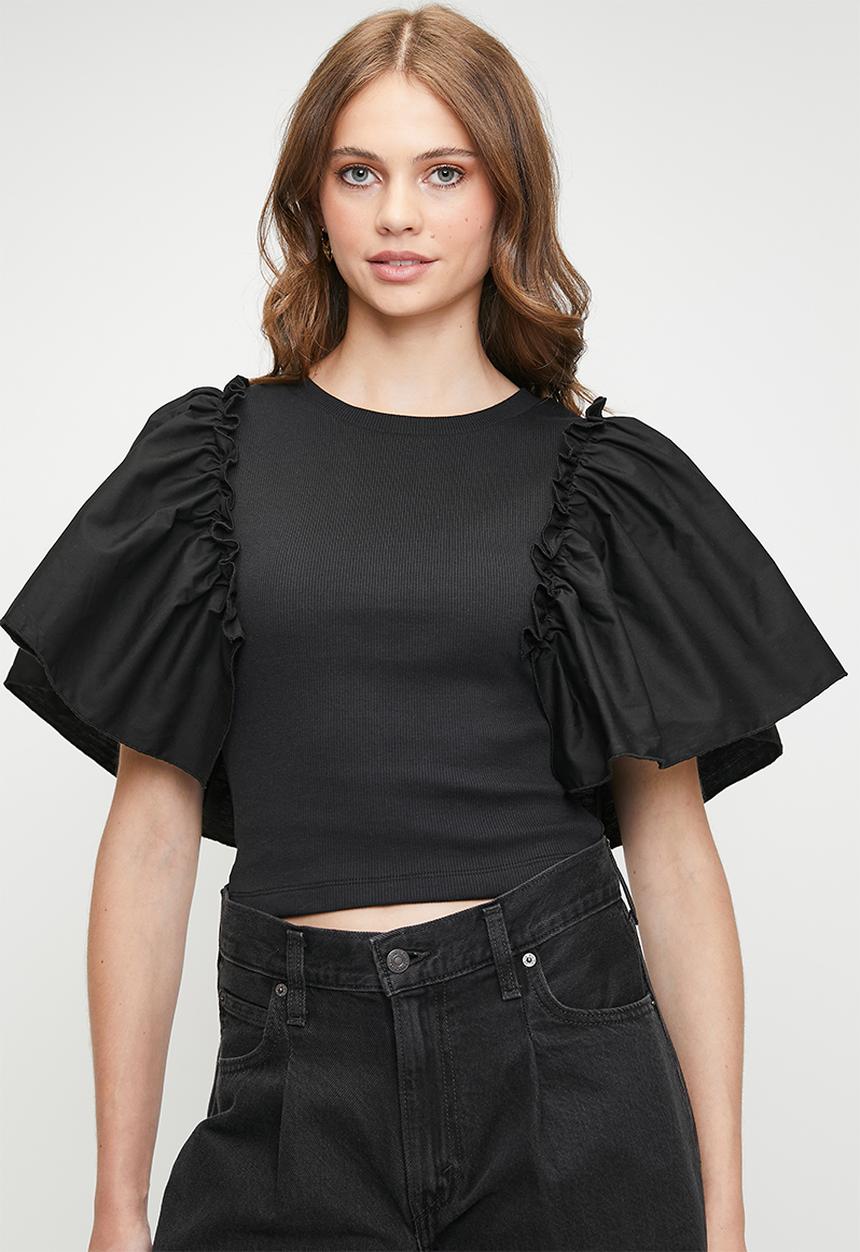 MILLA - Combo ruffle sleeve tee - black