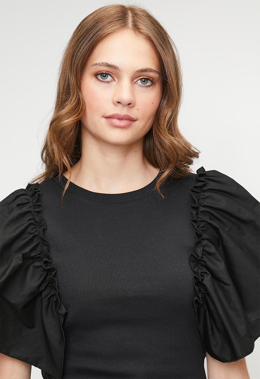 MILLA - Combo ruffle sleeve tee - black