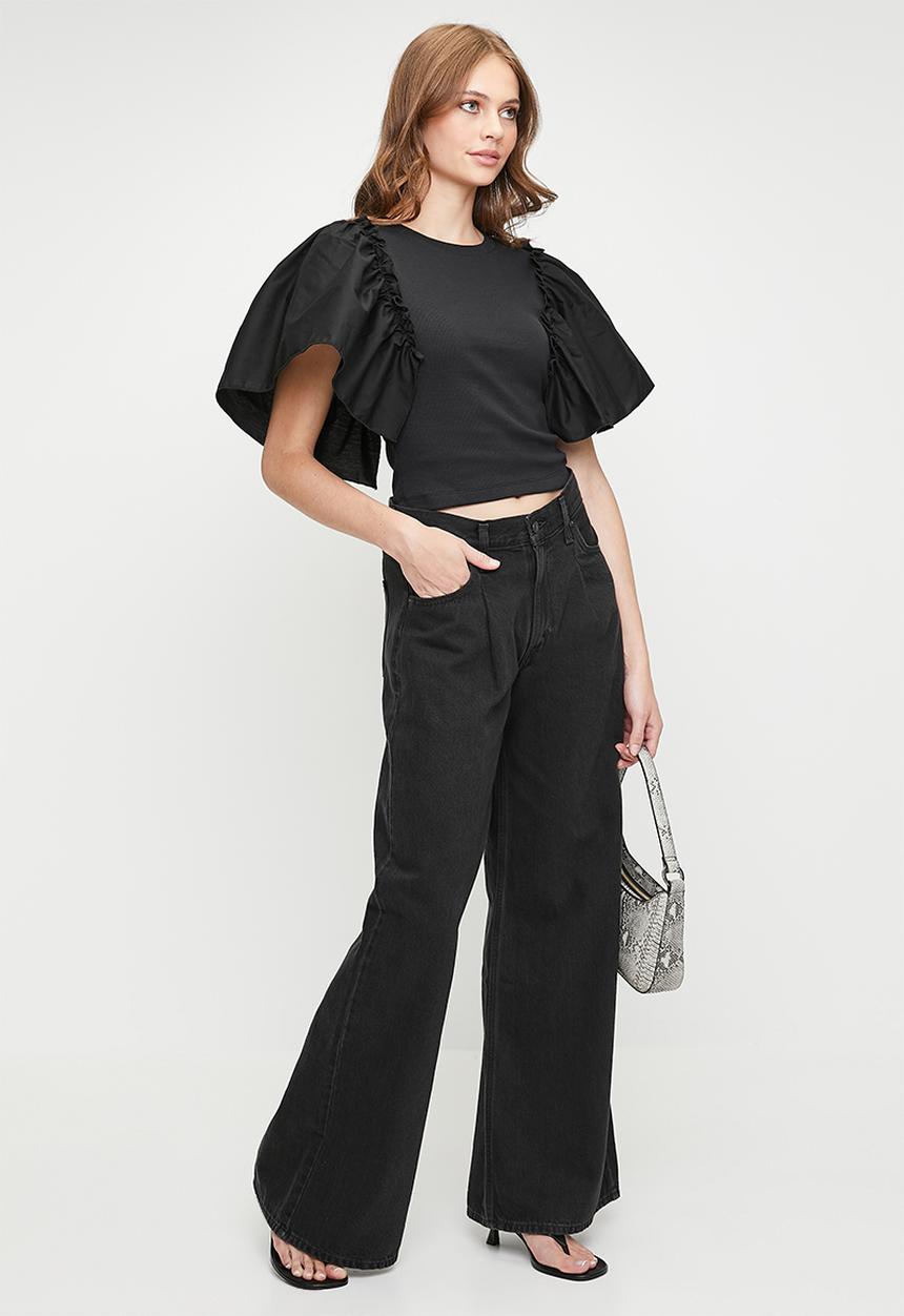 MILLA - Combo ruffle sleeve tee - black