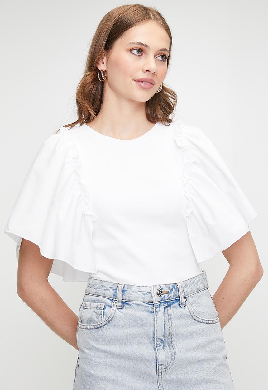 MILLA - Combo ruffle sleeve tee - white