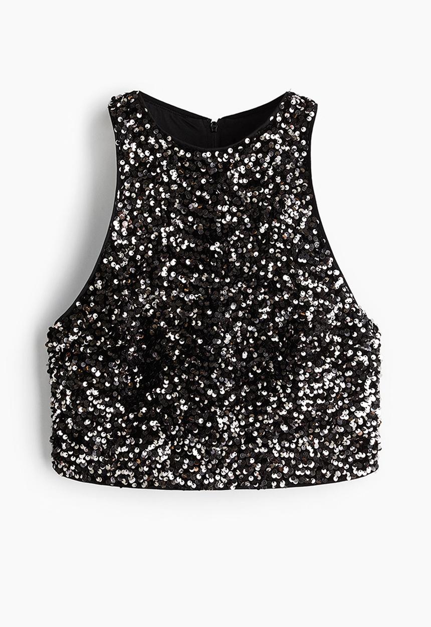 H&M - Cropped sequined vest top - silver-coloured