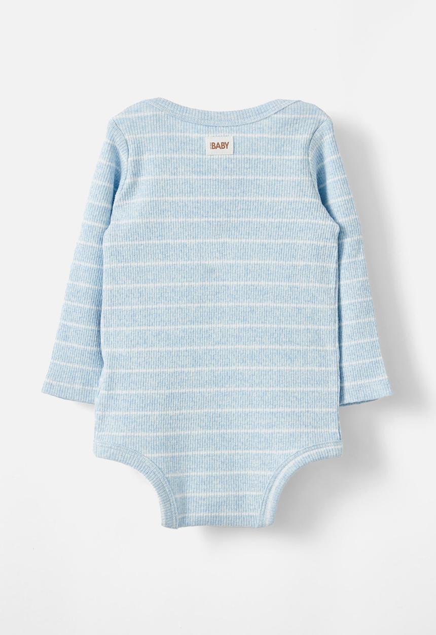 Cotton On - Organic newborn pointelle long sleeve bubbysuit - blue marle/vanilla stripe