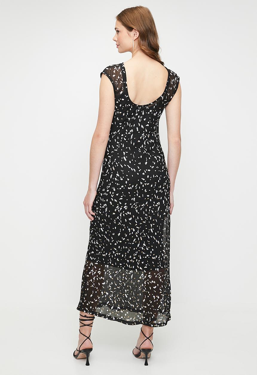Me&B - Low Back Maxi Dress In Black Foil Plisse - Blackfoil