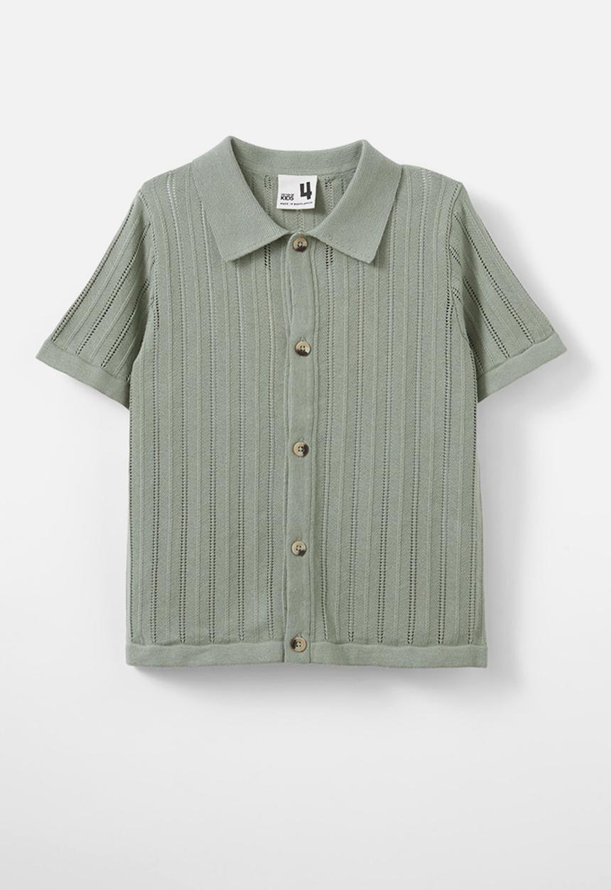 Cotton On - Knitted short sleeve shirt - deep sage/pointelle