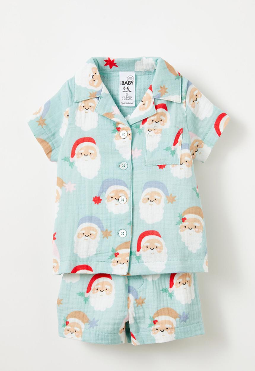 Cotton On - Baby organic woven pj set  - barber blue/santa faces