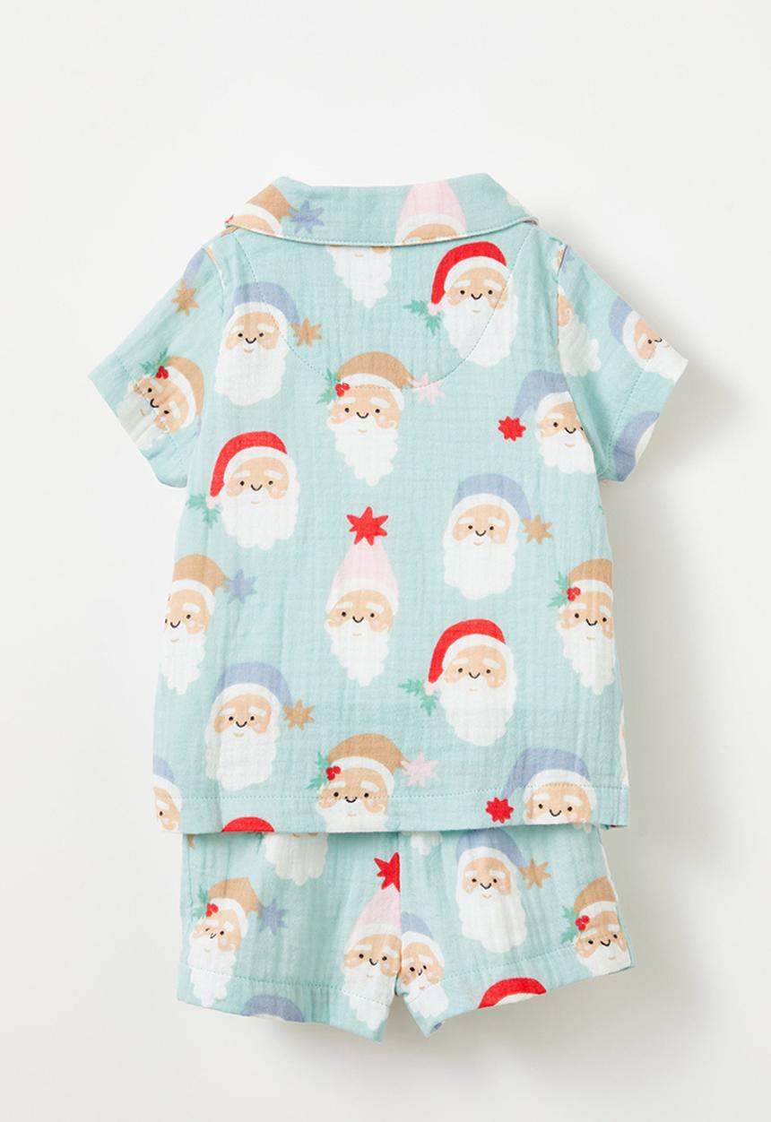 Cotton On - Baby organic woven pj set  - barber blue/santa faces