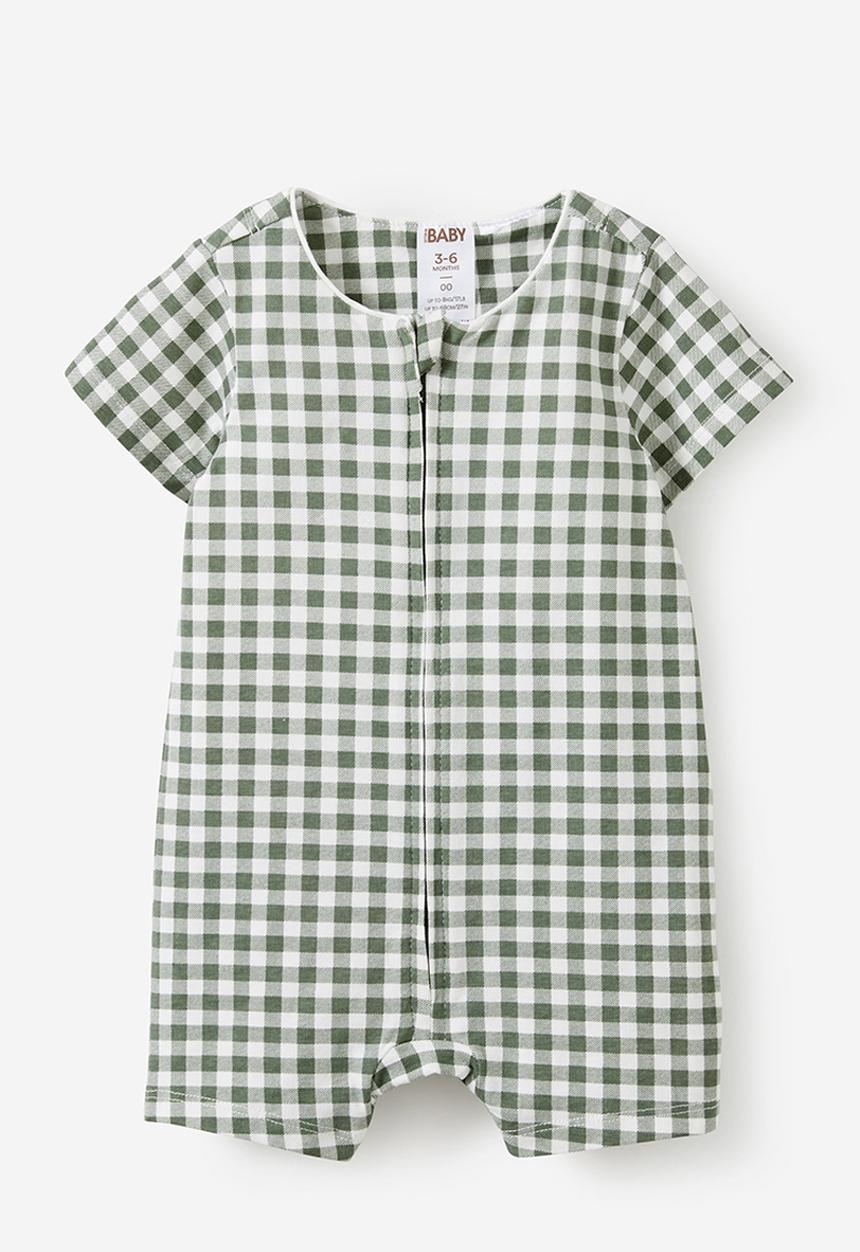 Cotton On - The short sleeve zip romper - swag green/gingham