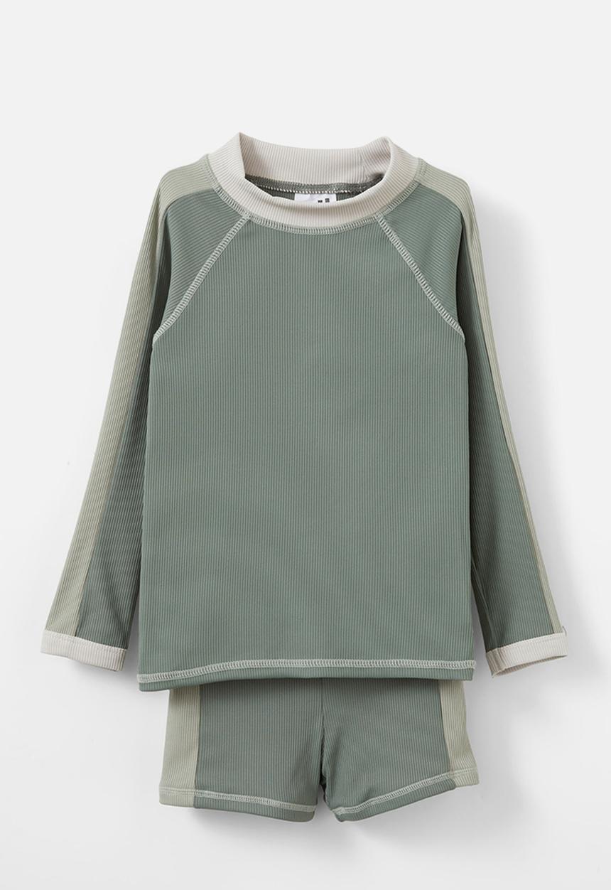 Cotton On - Flynn rash vest and billy boyleg trunk set - deep sage rib/swag green rib/panel