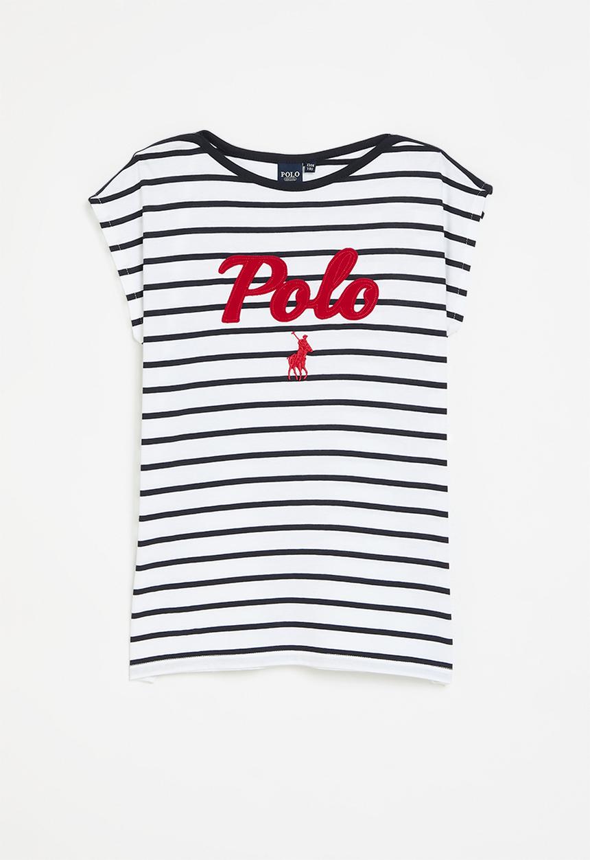 POLO - Girls jade striped tee - white