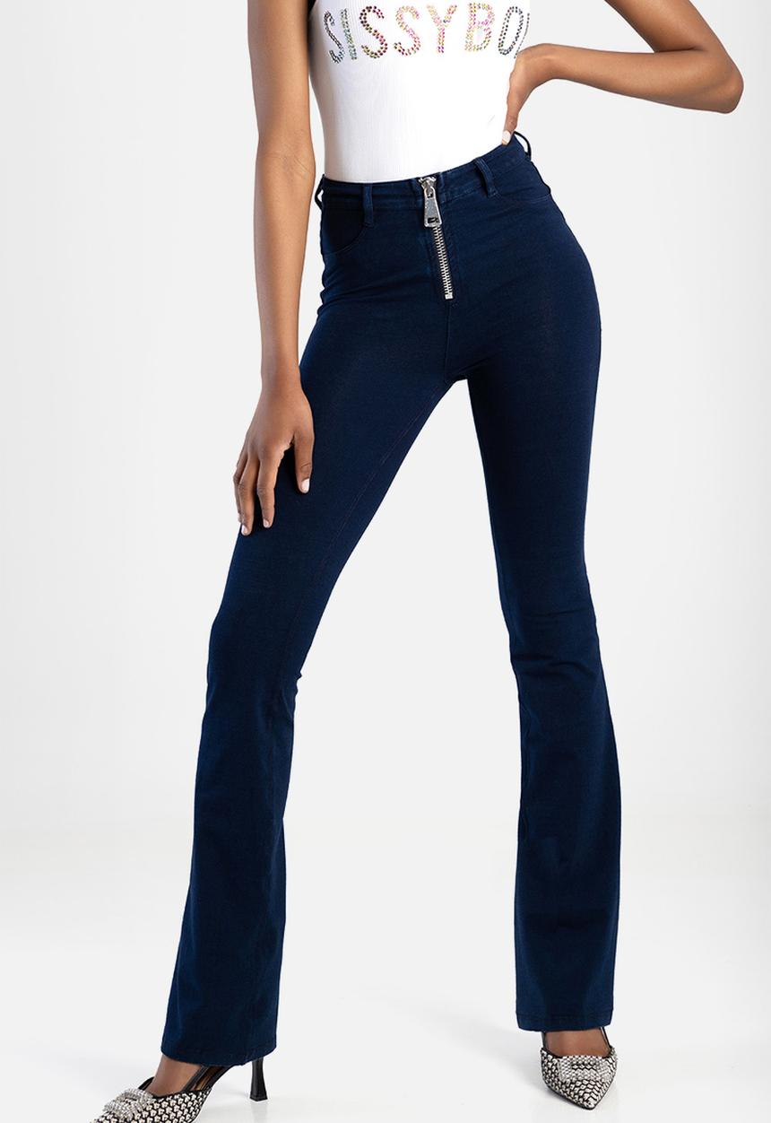 SISSY BOY - Willow: high waist bootleg with exposed zip knit denim  - indigo