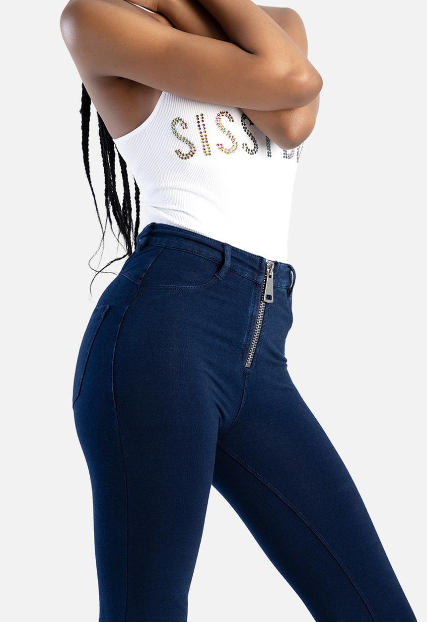 SISSY BOY - Willow: high waist bootleg with exposed zip knit denim  - indigo