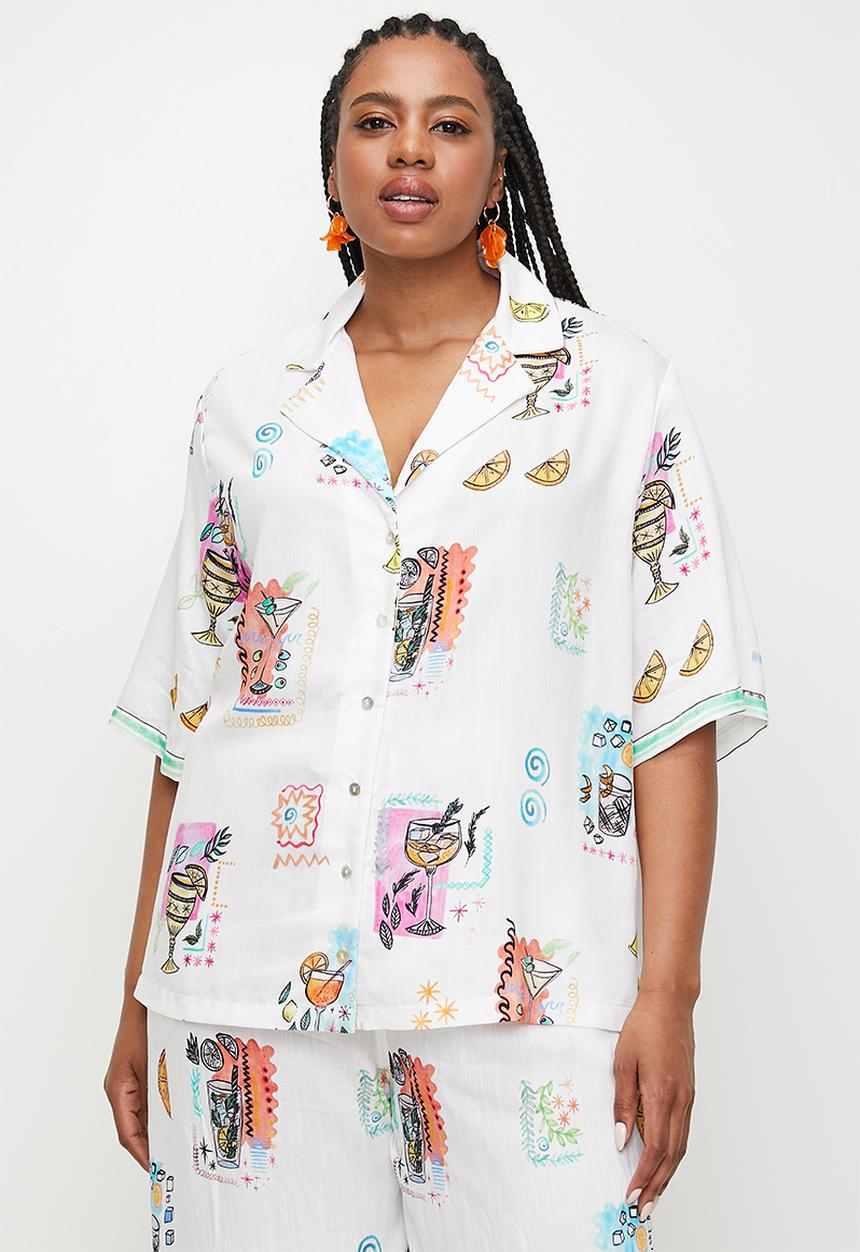 Me&B - Plus Revere Collar Linen Shirt With Cocktail  Print - Cocktail
