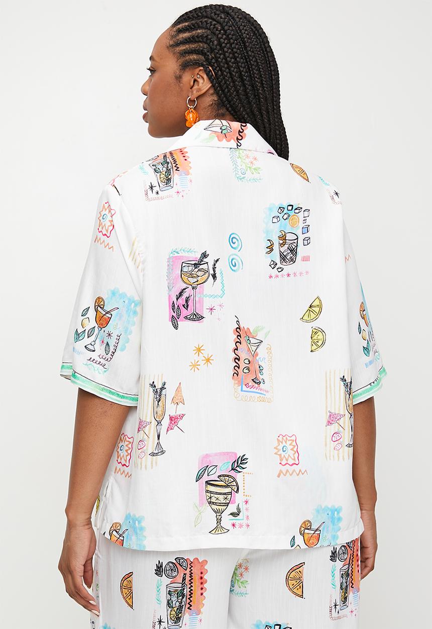 Me&B - Plus Revere Collar Linen Shirt With Cocktail  Print - Cocktail