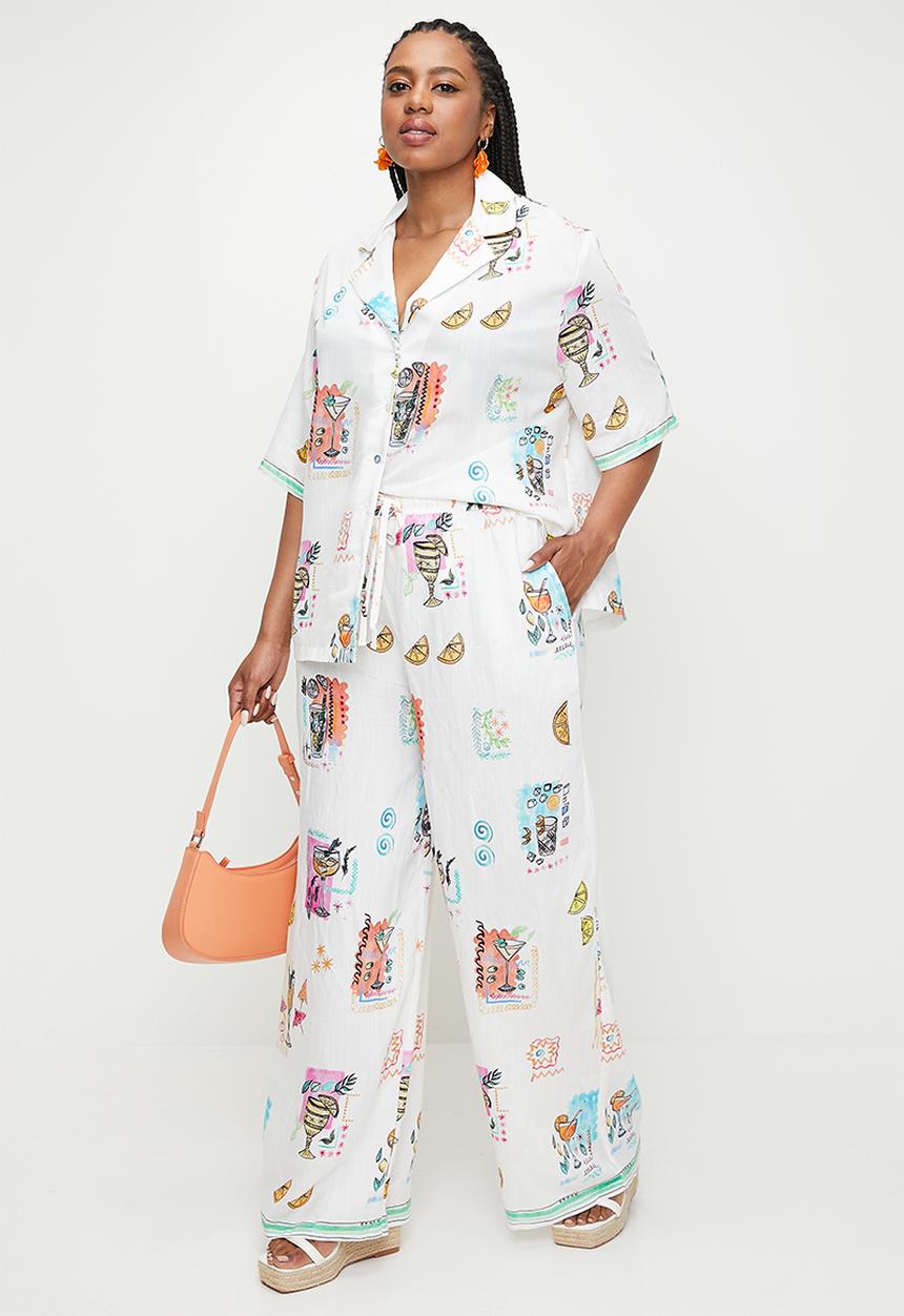 Me&B - Plus Revere Collar Linen Shirt With Cocktail  Print - Cocktail