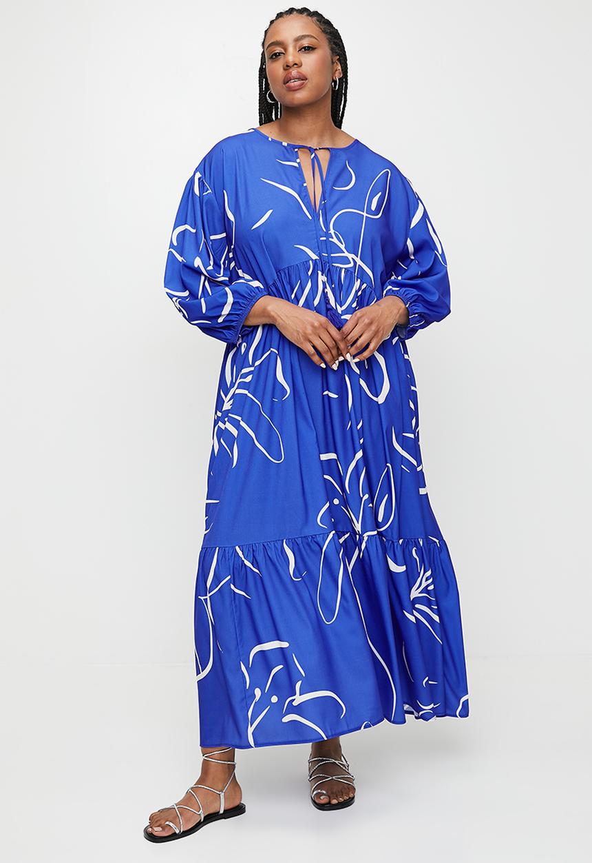 edit - Printed tiered midi dress - ink sketched floral stripe dbl border.