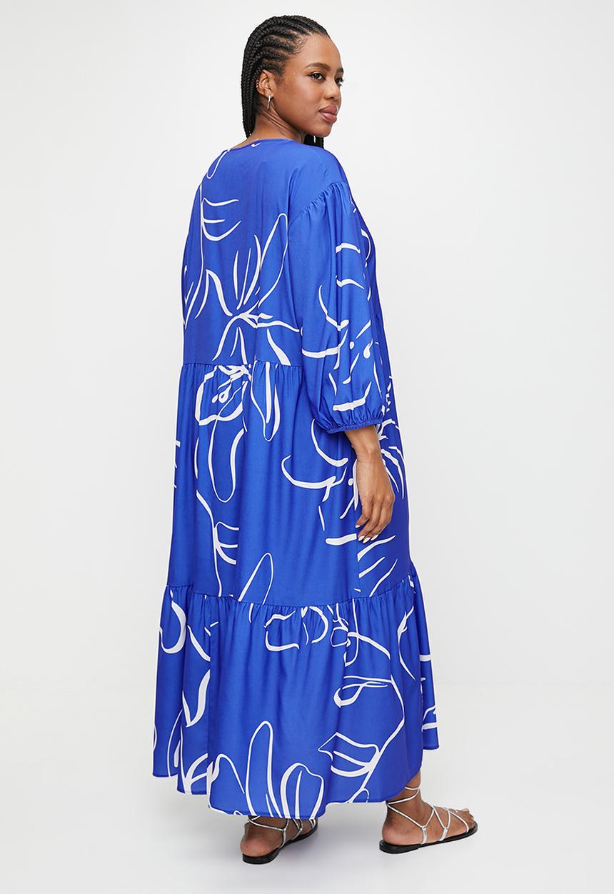 edit - Printed tiered midi dress - ink sketched floral stripe dbl border.
