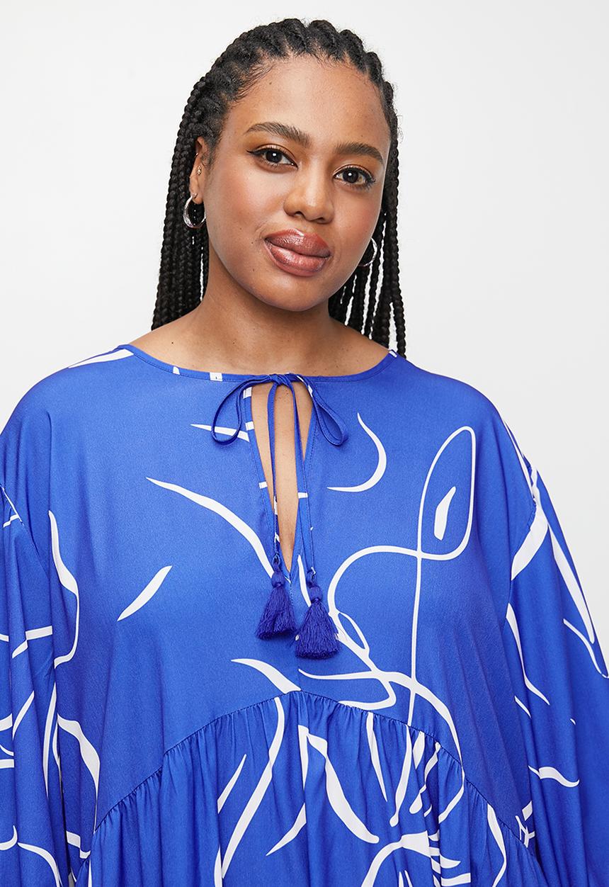 edit - Printed tiered midi dress - ink sketched floral stripe dbl border.