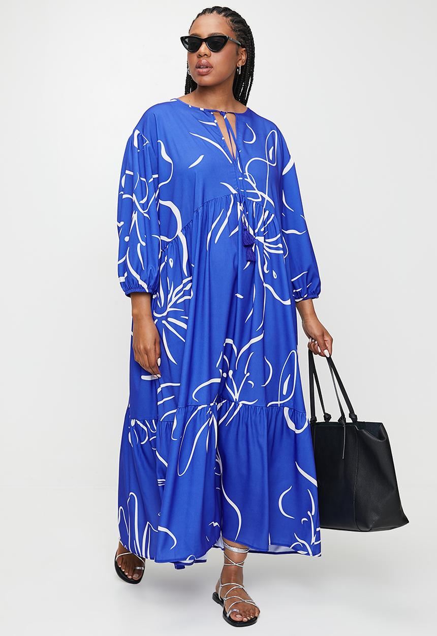 edit - Printed tiered midi dress - ink sketched floral stripe dbl border.
