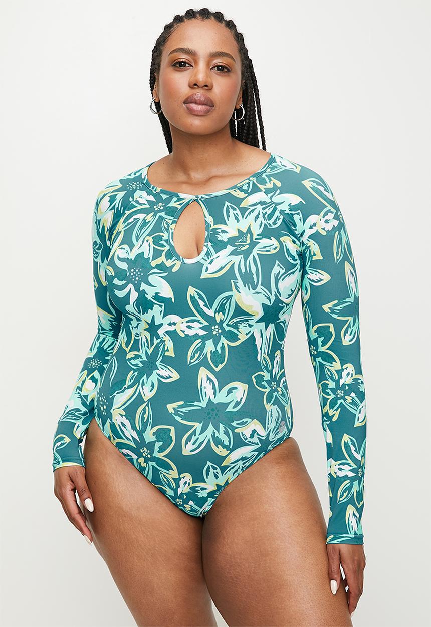 Lizzy - Plus tizona ls full body rashie swimsuit - teal floral
