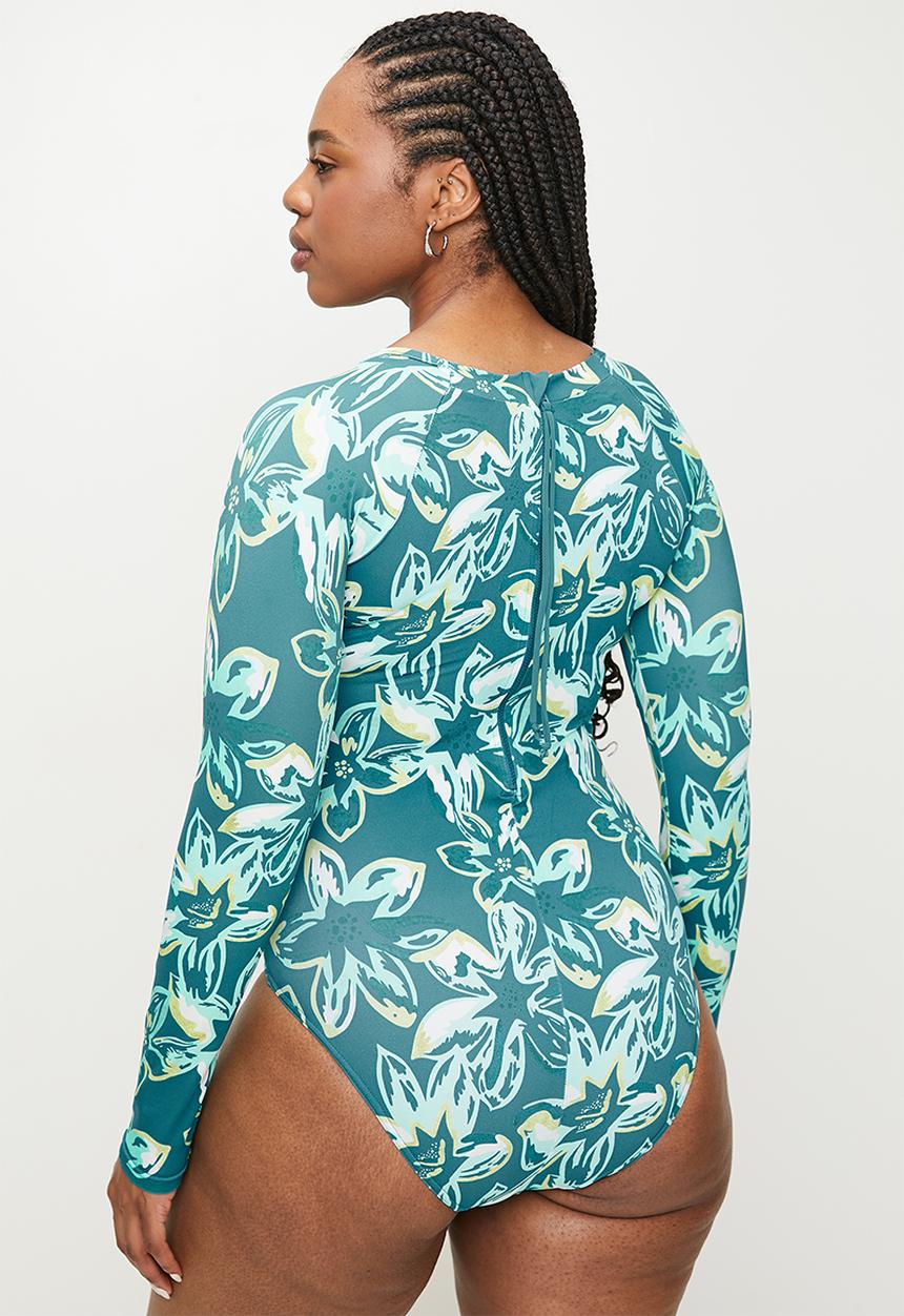Lizzy - Plus tizona ls full body rashie swimsuit - teal floral