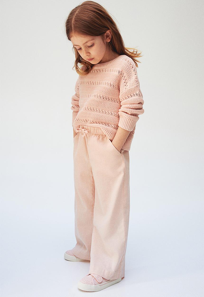 H&M - Wide linen-blend pull-on trousers - light pink